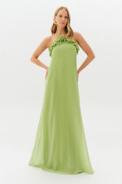 Vestido Longo com Babados no Decote e Amarração - Portugal Verde Matcha