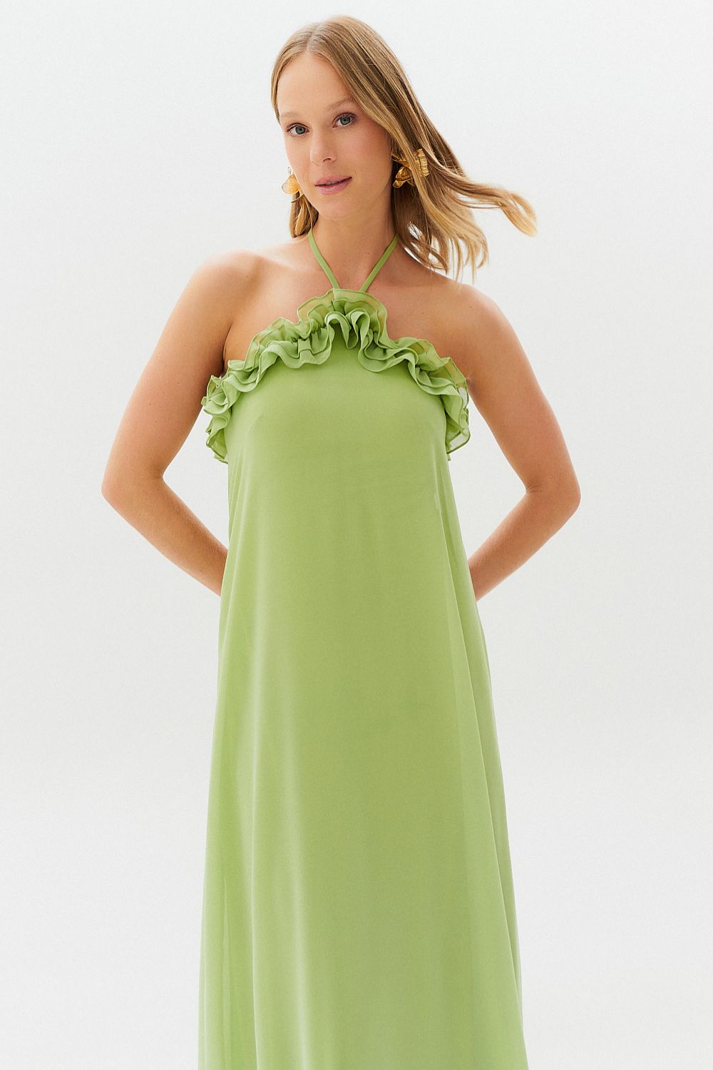 Vestido Longo com Babados no Decote e Amarração - Portugal Verde Matcha