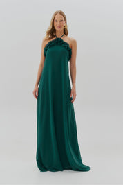 Vestido Longo com Babados no Decote e Amarração - Portugal Verde Petróleo