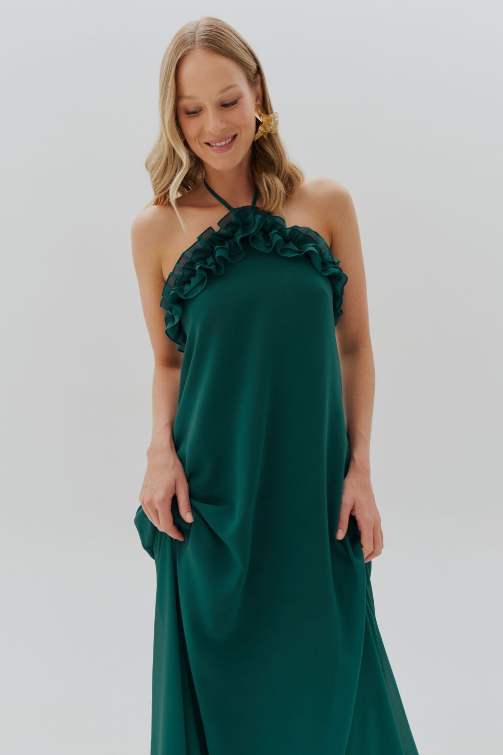 Vestido Longo com Babados no Decote e Amarração - Portugal Verde Petróleo