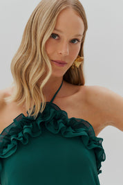 Vestido Longo com Babados no Decote e Amarração - Portugal Verde Petróleo