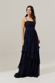 Vestido Longo com Busto Drapeado, Saia com Babados Assimétricos e Alça removível - Noruega Marinho