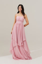 Vestido Longo com Busto Drapeado, Saia com Babados Assimétricos e Alça removível - Noruega Rosa