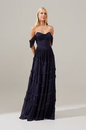 Vestido Longo com Busto Estruturado, Mangas Caídas e Saia com Babados - Bari Azul Marinho