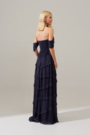 Vestido Longo com Busto Estruturado, Mangas Caídas e Saia com Babados - Bari Azul Marinho