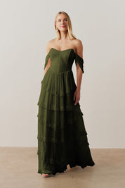 Vestido Longo com Busto Estruturado, Mangas Caídas e Saia com Babados - Bari Oliva