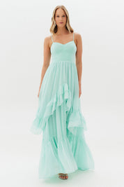 Vestido Longo com Decote Coração e Babados Assimétricos - Bélgica Tiffany