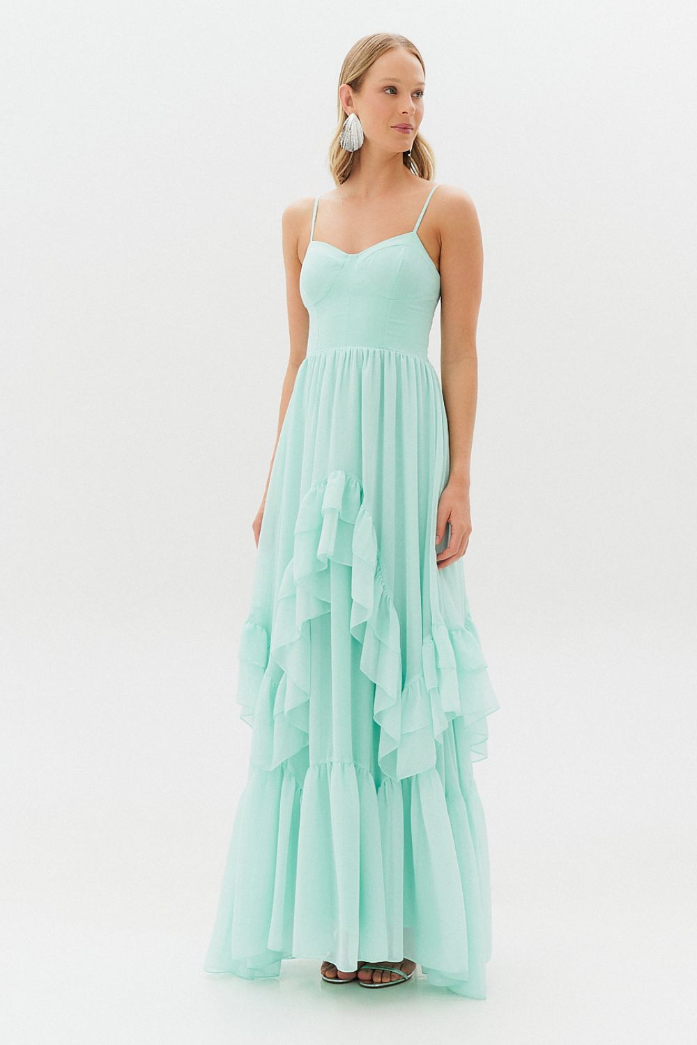 Vestido Longo com Decote Coração e Babados Assimétricos - Bélgica Tiffany