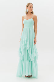 Vestido Longo com Decote Coração e Babados Assimétricos - Bélgica Tiffany