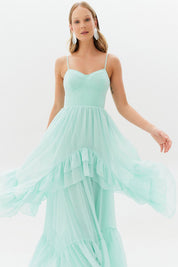 Vestido Longo com Decote Coração e Babados Assimétricos - Bélgica Tiffany