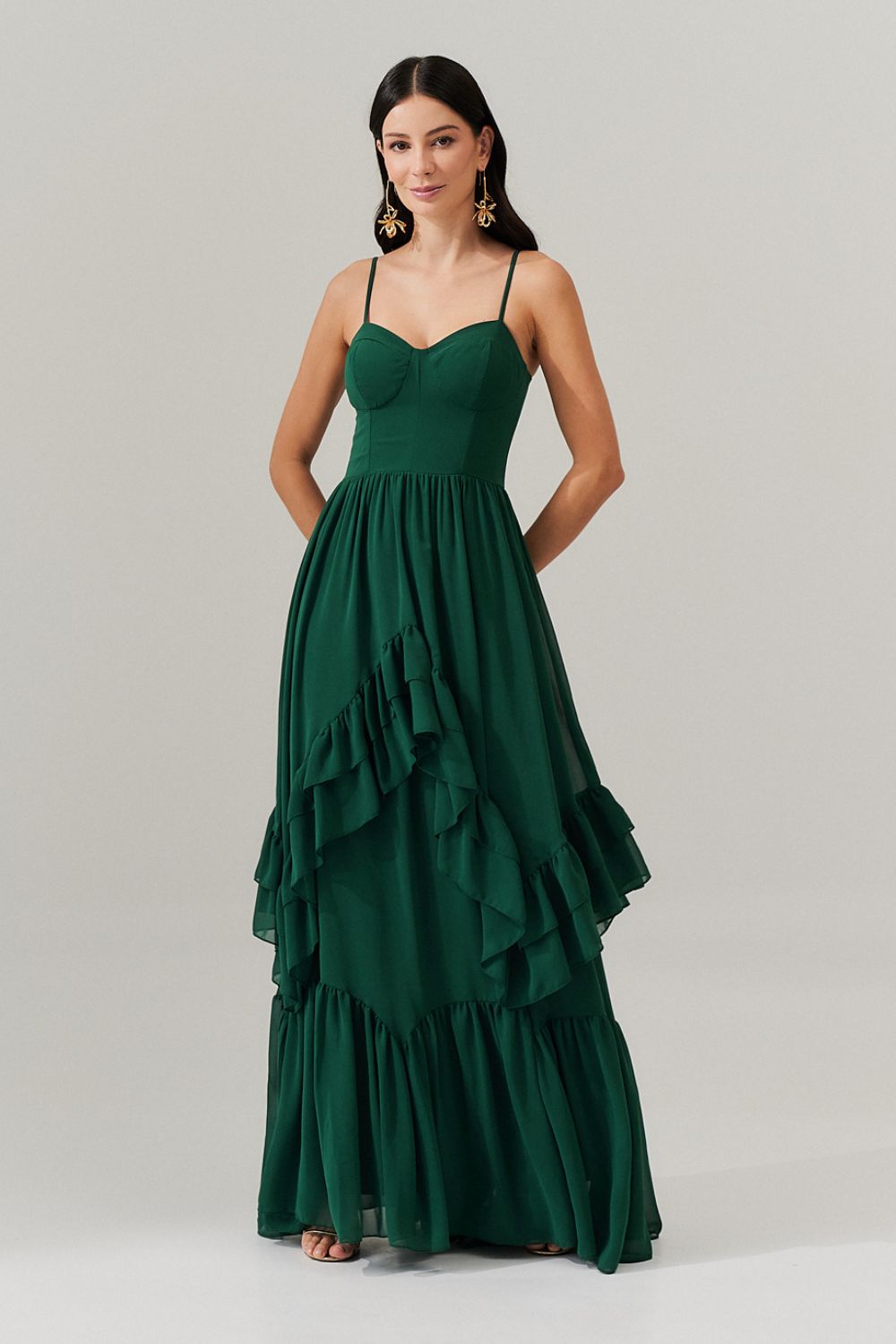 Vestido Longo com Decote Coração e Babados Assimétricos - Bélgica Verde