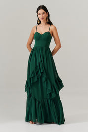 Vestido Longo com Decote Coração e Babados Assimétricos - Bélgica Verde