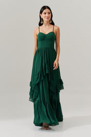 Vestido Longo com Decote Coração e Babados Assimétricos - Bélgica Verde