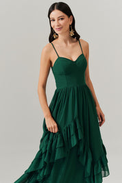 Vestido Longo com Decote Coração e Babados Assimétricos - Bélgica Verde