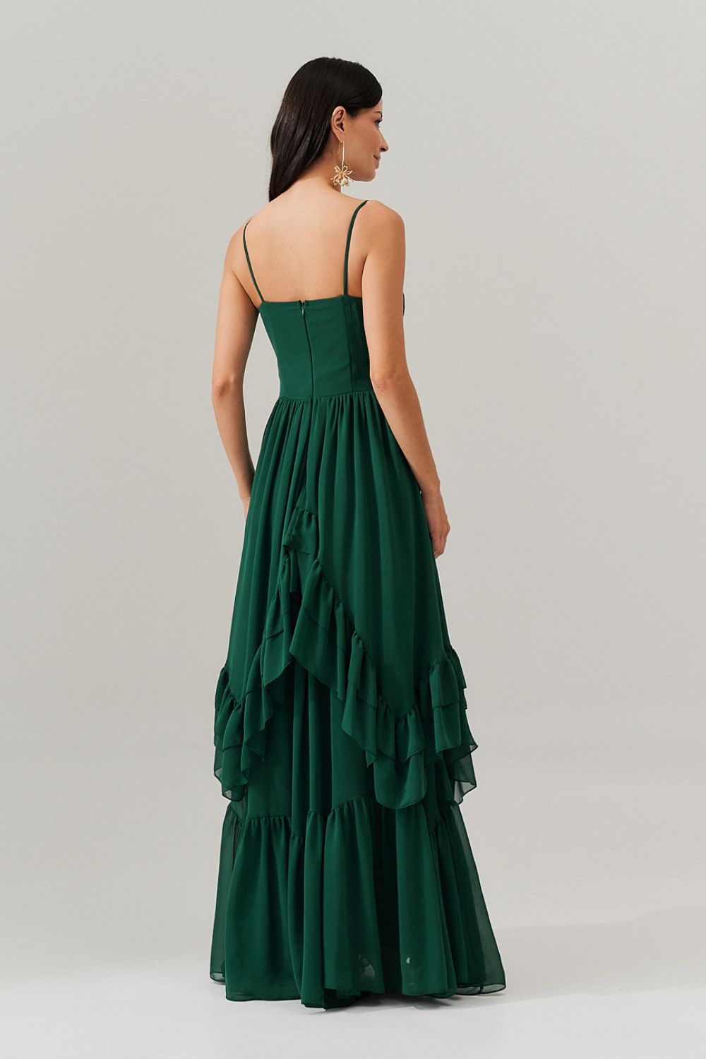 Vestido Longo com Decote Coração e Babados Assimétricos - Bélgica Verde