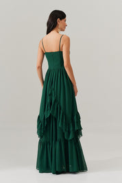 Vestido Longo com Decote Coração e Babados Assimétricos - Bélgica Verde