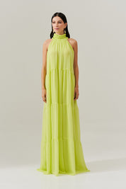 Vestido Longo com Decote Alto, Saia Fluída e Leves Franzidos - Nadine Lima