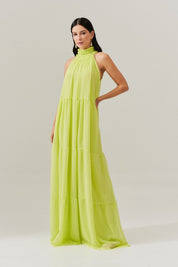 Vestido Longo com Decote Alto, Saia Fluída e Leves Franzidos - Nadine Lima