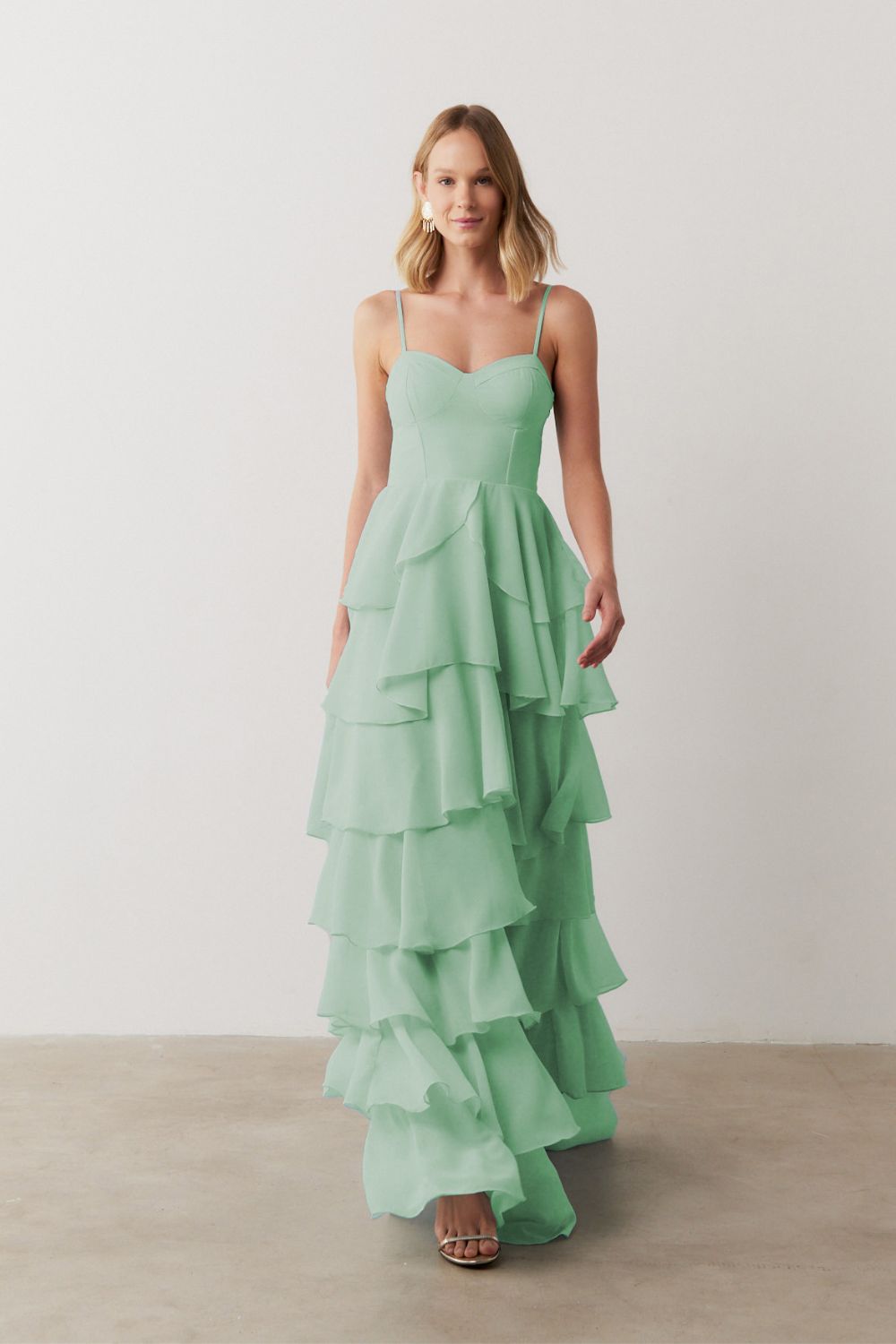 Vestido Longo com Decote coração, Alças Finas e Saia em Babados - Indonésia Menta