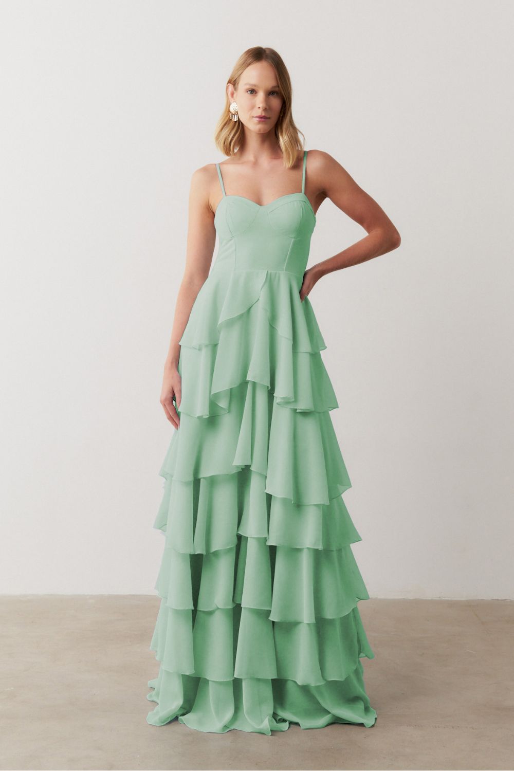 Vestido Longo com Decote coração, Alças Finas e Saia em Babados - Indonésia Menta