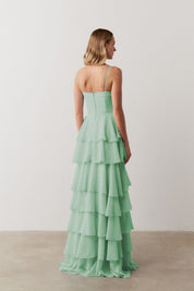 Vestido Longo com Decote coração, Alças Finas e Saia em Babados - Indonésia Menta