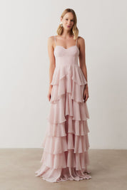 Vestido Longo com Decote coração, Alças Finas e Saia em Babados - Indonésia Rosa