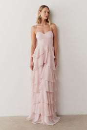 Vestido Longo com Decote coração, Alças Finas e Saia em Babados - Indonésia Rosa