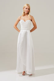 Vestido Longo com Decote Coração e Detalhes em Prega no Busto - Escócia Off White