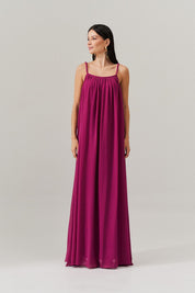 Vestido Longo com Decote Profundo nas Costas e Babado - Denale Fucsia