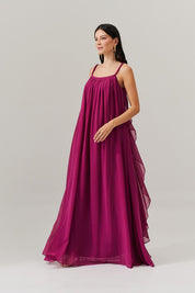Vestido Longo com Decote Profundo nas Costas e Babado - Denale Fucsia
