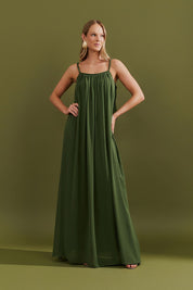 Vestido Longo com Decote Profundo nas Costas e Babado - Denale Oliva