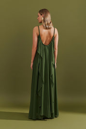 Vestido Longo com Decote Profundo nas Costas e Babado - Denale Oliva