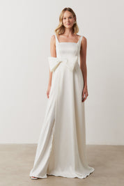 Vestido Longo com Decote Quadrado e Cinto com Detalhe de Laço - Quebec Off White