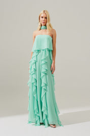 Vestido Longo com Decote Reto, Babados na Saia e Echarpe - Catalunha Tiffany