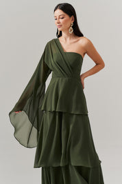 Vestido Longo com Decote Reto, Manga Longa Flare e Saia em Camadas - Austin Oliva