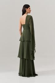 Vestido Longo com Decote Reto, Manga Longa Flare e Saia em Camadas - Austin Oliva