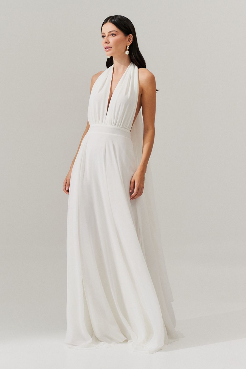 Vestido Longo com Decote V e Fenda Lateral - Mil Formas Off White