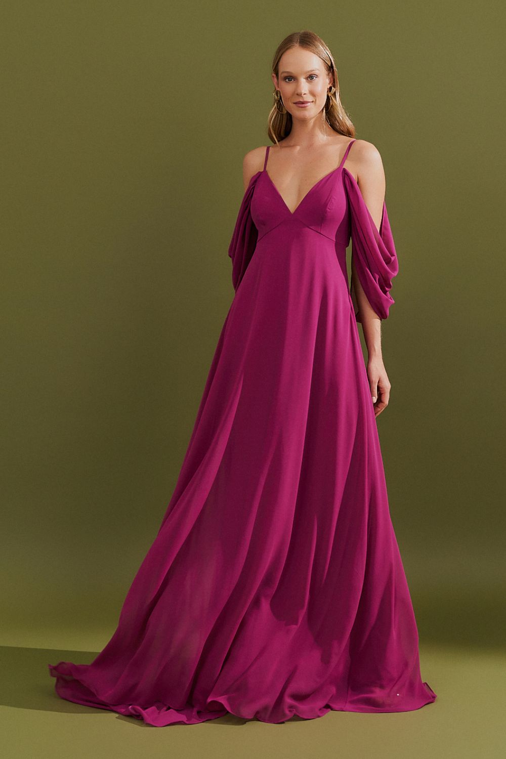 Vestido Longo com Decote V e Manga Caída - Argentina Fúcsia