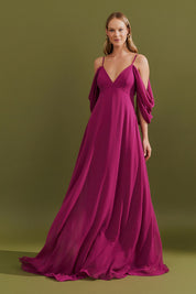 Vestido Longo com Decote V e Manga Caída - Argentina Fúcsia