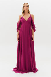 Vestido Longo com Decote V e Manga Caída - Argentina Fúcsia