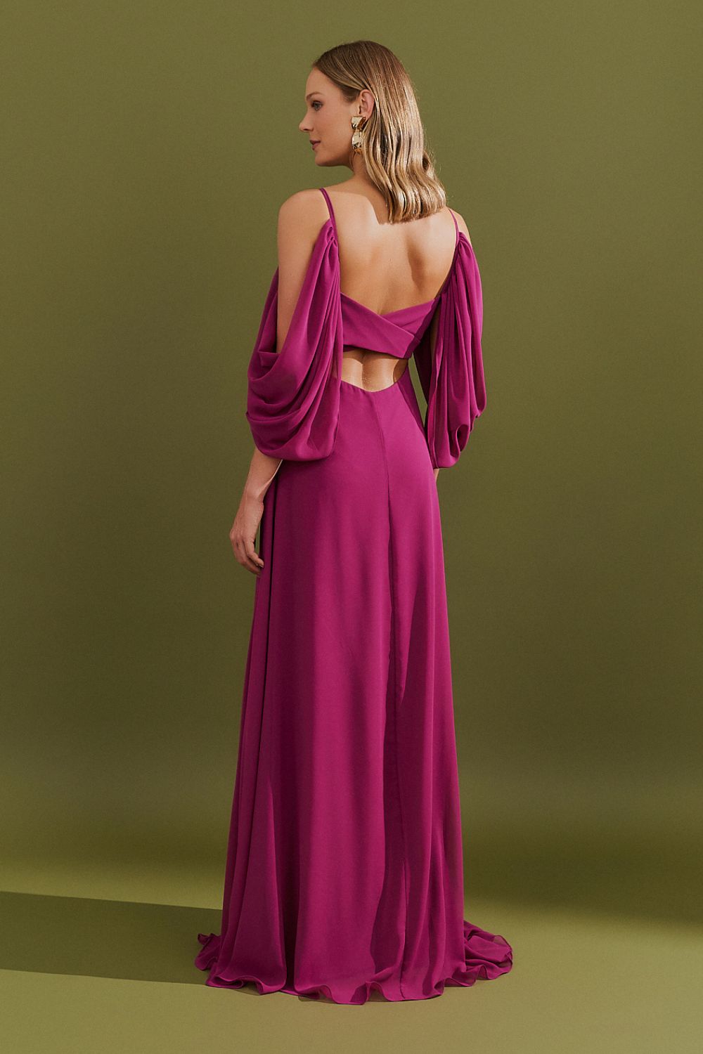 Vestido Longo com Decote V e Manga Caída - Argentina Fúcsia