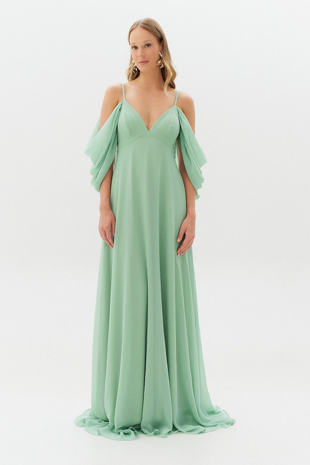 Vestido Longo com Decote V e Manga Caída - Argentina Menta