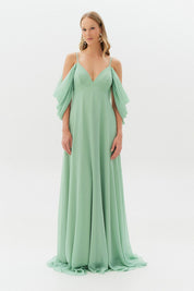 Vestido Longo com Decote V e Manga Caída - Argentina Menta