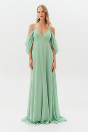 Vestido Longo com Decote V e Manga Caída - Argentina Menta