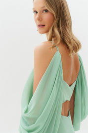 Vestido Longo com Decote V e Manga Caída - Argentina Menta