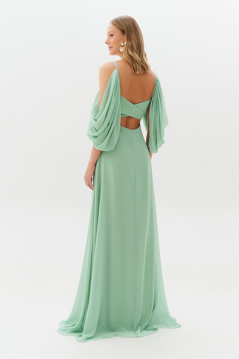 Vestido Longo com Decote V e Manga Caída - Argentina Menta