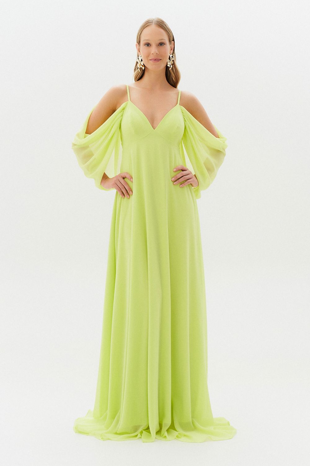 Vestido Longo com Decote V e Manga Caída - Argentina Verde Lima