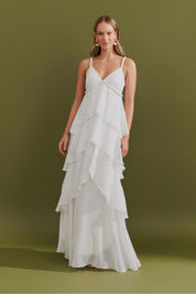 Vestido Longo com decote V e Saia em Camadas Sobrepostas - Laguna Off White