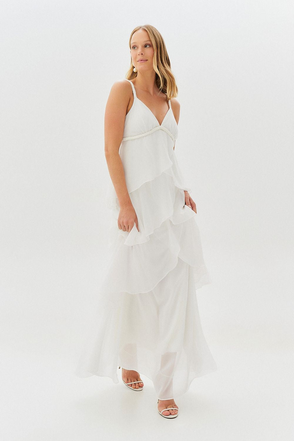 Vestido Longo com decote V e Saia em Camadas Sobrepostas - Laguna Off White