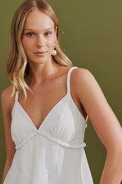 Vestido Longo com decote V e Saia em Camadas Sobrepostas - Laguna Off White